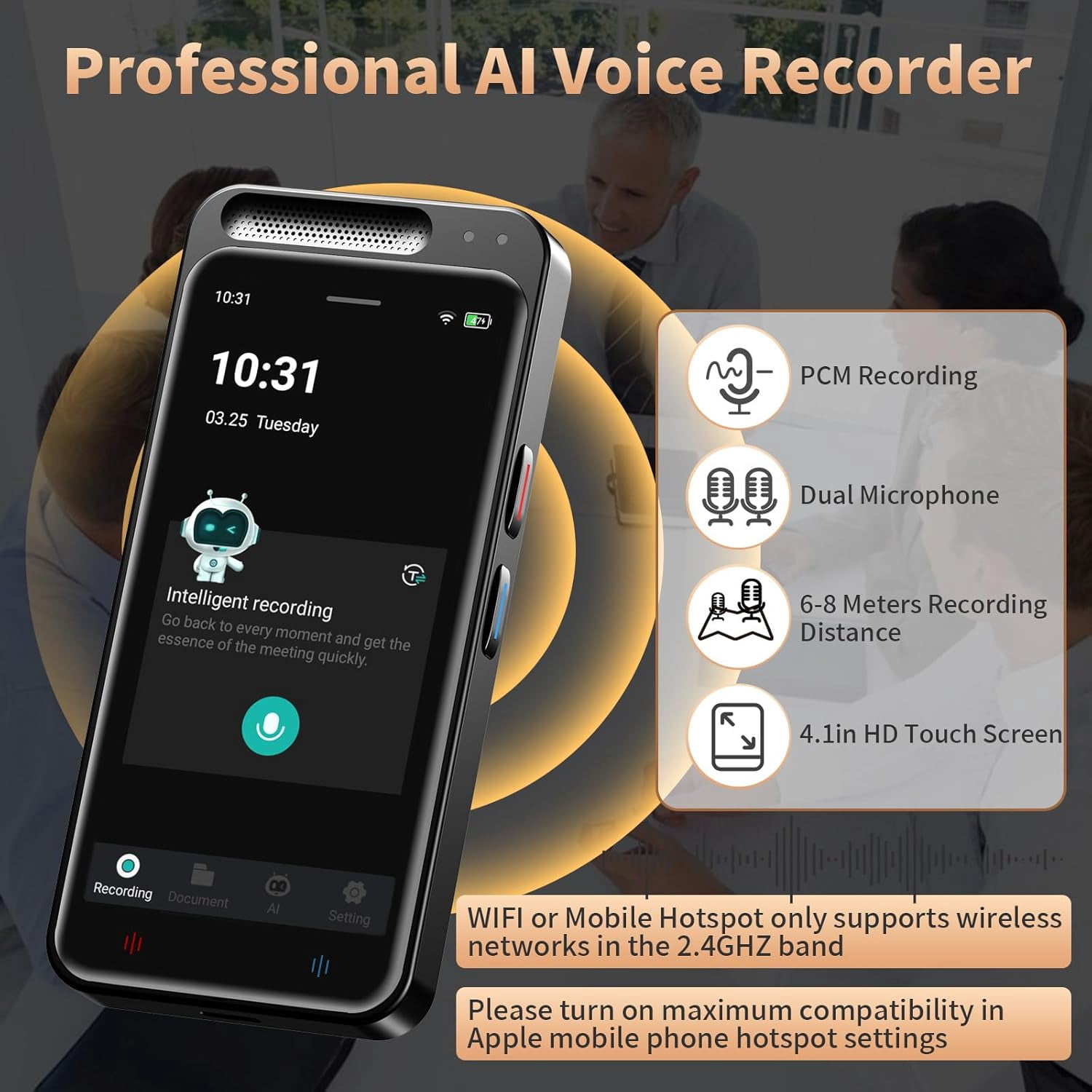 AI Voice Recorder, Digital Voice Recorder with Transcription & Summarize & Translation, 80GB Voice to Text Meeting Recorder and Transcriber, Support 143 Languages, AI Recorder Device for Lectures