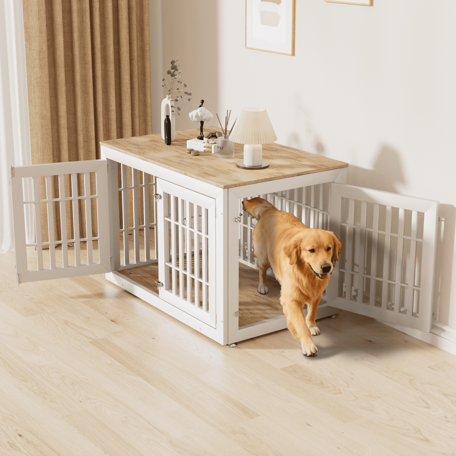 Snuowu 48" Heavy Duty Dog Crate Furniture for Small,Medium and Large Dogs,Rustic Wooden Dog Cage Kennel Indoor Furniture with Waterproof Top,Decorative Pet House Side End Table (White & Wood)