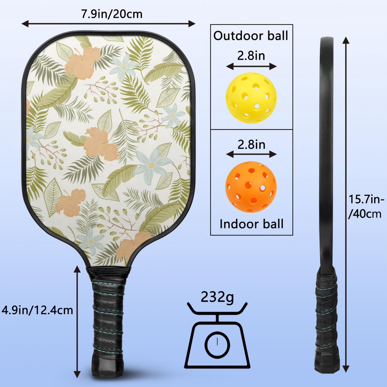 Pickleball Paddles Set Of 2, Fiberglass Surface, Tropical Jungle Print, 4 Balls & Bag