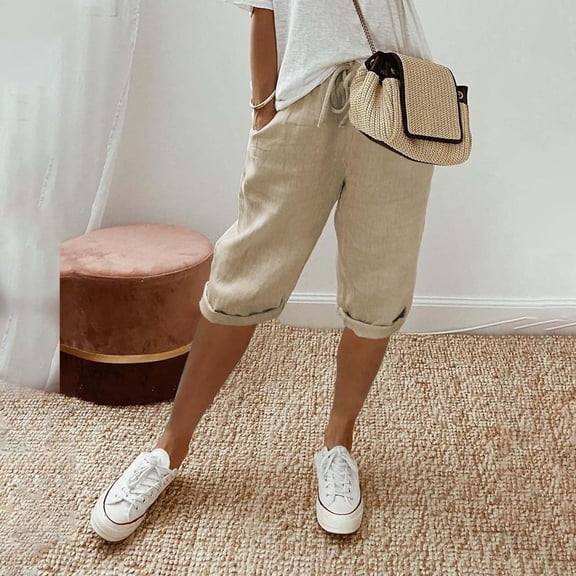 Dwellite Plus Size Bermuda Shorts for Women Knee Length Cotton Linen Elastic Waist Drawstring Shorts Summer Loose Capri Pants Khaki 2XL