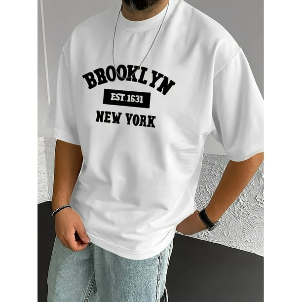 Brooklyn New York EST. 1631 Graphic Print T-Shirt for Men - Polyester Blend Casual Crew Neck Tee with Slight Stretch, Summer Knit Fabric Top by