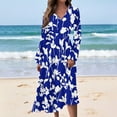 thumbnail image 2 of WTOBBY Women's Casual Fashion Floral Print V-Neck Long Sleeve Waist Long Dress Maxi Length with Flowy Hem for Elegance Waist-Defining Tie for Feminine Shape Boho Style ,Dark Blue L, 2 of 4