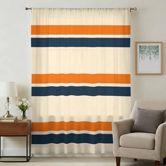 Orange Blue Stripe Sheer Curtains 108 Inches Extra Long, Minimalist Farmhouse Stripes Light Filering Curtains, Privacy Drapes Simi Floor to Veiling Curtain for Living Room Large Window Treatment