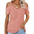 thumbnail image 4 of Women's Summer Short Sleeves Tops Cold Shoulder V Neck Shirts Polyester Casual Hollow-out Strappy Plain Tees (Large, Pink), 4 of 7