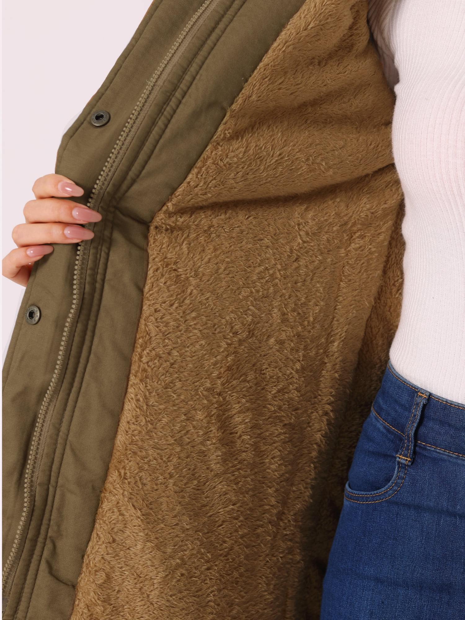 Unique Bargains Women Windproof Winter Parka Puffer Coat with Faux Fur Hood 2XL Khaki