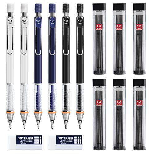 EXCELFU 6 Pieces 1.3 mm Mechanical Pencils with 6 Tubes Lead Refills and 2 Pieces Erasers for Writing 3 Colors Signature Drawing