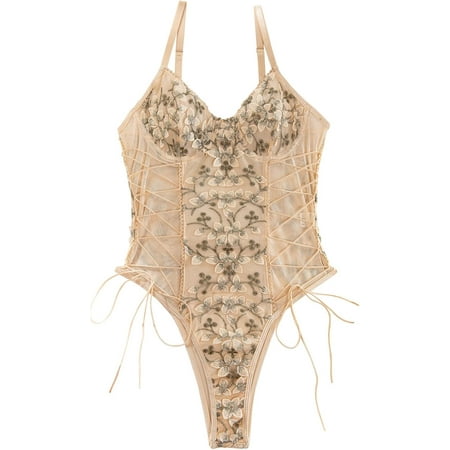 MAOYA Women Sexy Lace Up Floral Embroidered Teddy Lingerie Bodysuit Top Mesh Sheer One Piece