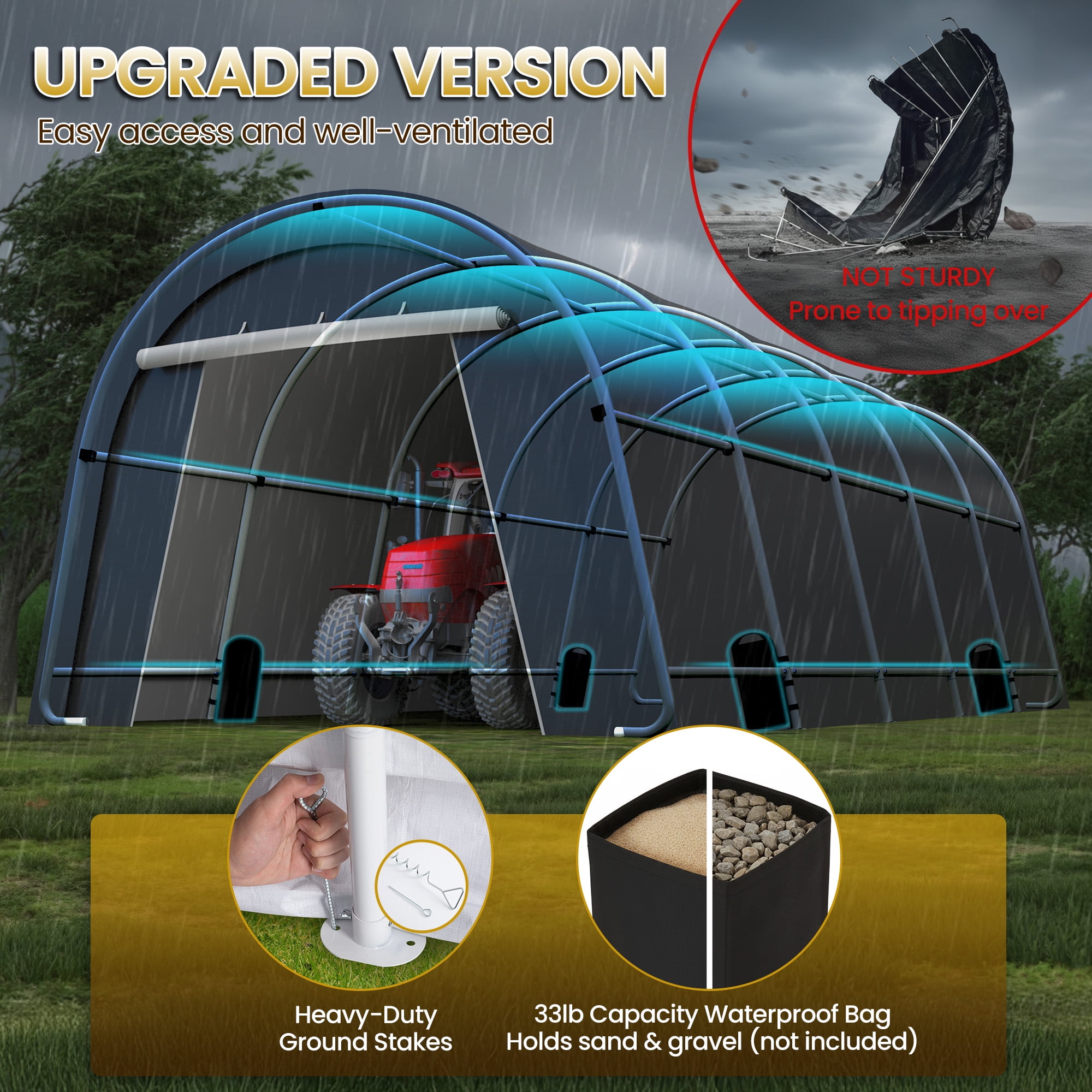 CozyHome 12' x 25' Domed Carport with 4 Cloth Bags, Portable Garage with 2 Roll-up Doors, All-Weather Storage Shelter Shed for Cars, Truck, or Garden Tools