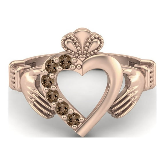 Irish Claddagh 2mm Round Smoky Quartz 925 Sterling Silver Rose Vermeil Heart Valentines Day Gifts Ring