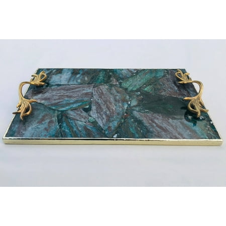 

Green Aventurine Agate Serving Tray With Brass Handles