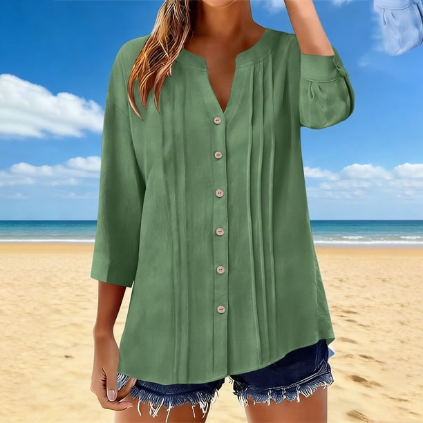 TaTaai Women’s V Neck Button Front 3/4 Sleeve T Shirts Casual Loose Blouses Pleated Solid Color Linen Blend Polyester Tops Spring Summer Daily Tees Gift