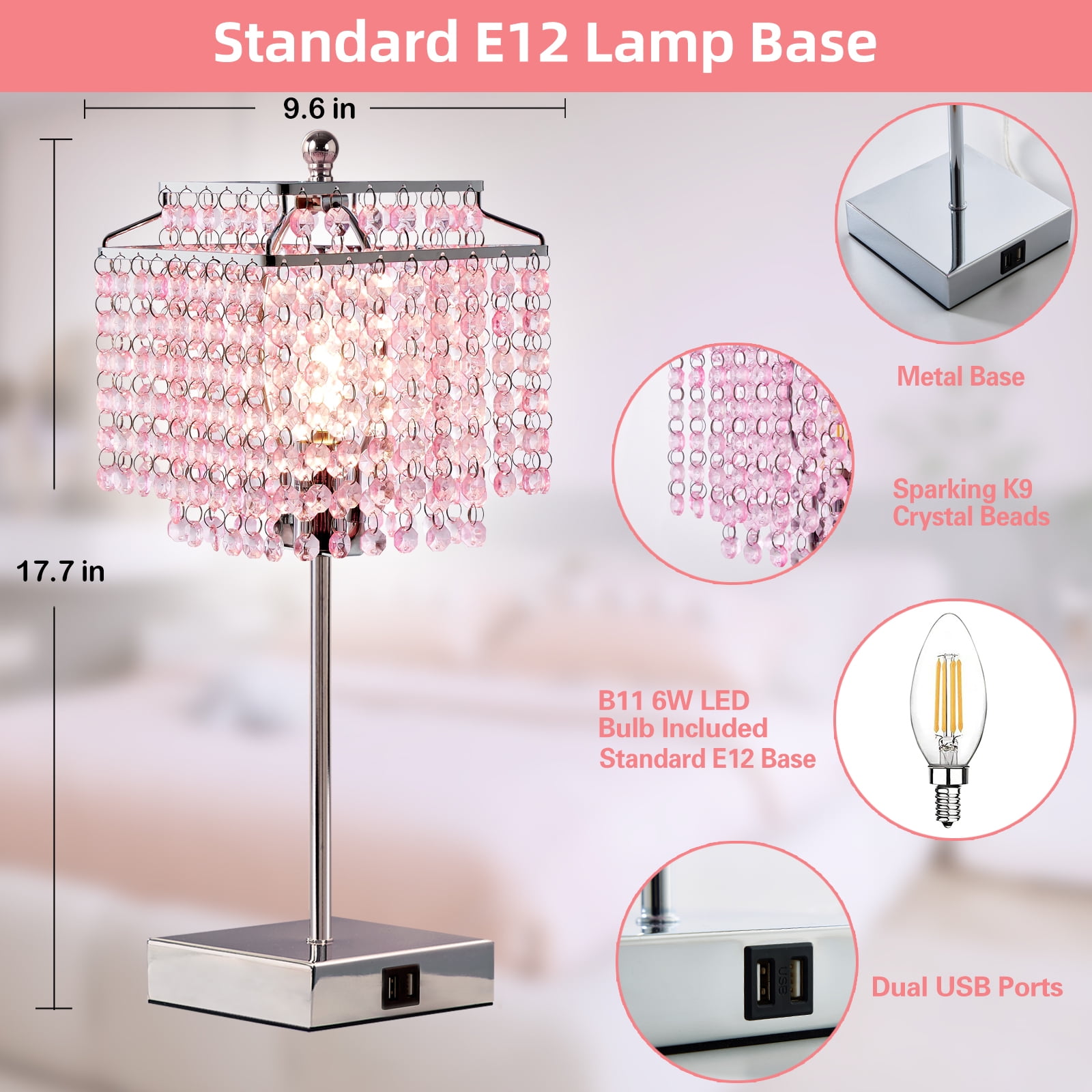 NATYSWAN Crystal Touch Table Lamp, Pink Bedside Lamp with USB C+A Ports, 3-Way Dimmable Lamp with Crystal Shade, Nightstand Lamp for Girl Bedroom, Living Room, Bulb Included