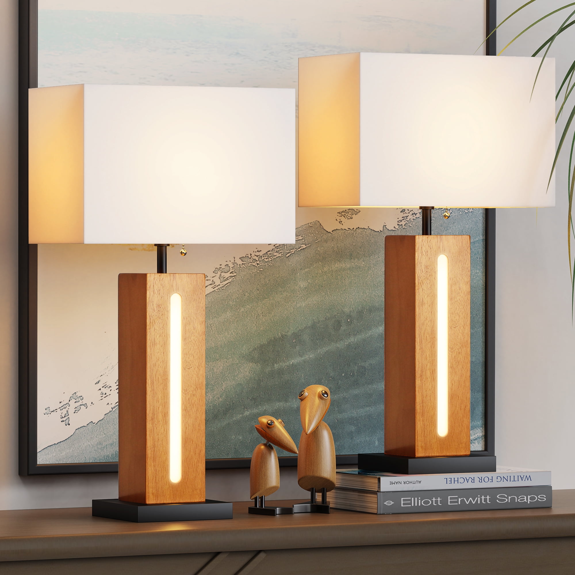22" Rustic Wood Grain Bedside Lamps Set of 2, Modern Square Dimmable Table Lamp with Shades LED Bulbs for Living Room