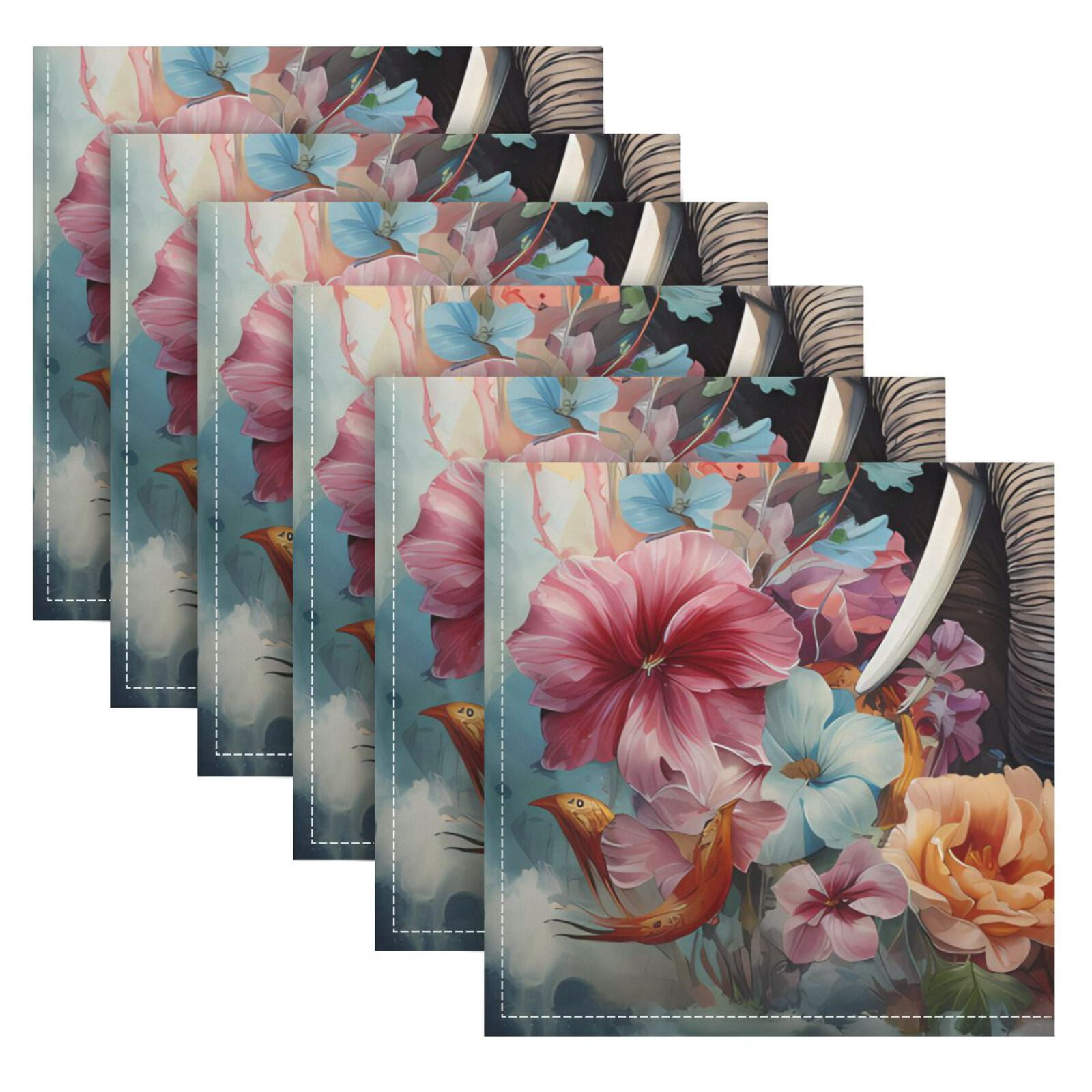 JSTEL Elephant Flowers Waterdolor Cloth Napkins Set of 6, 20x20 Inch Washable and Reusable Napkin for Decoupage Dinner Party Everyday Use