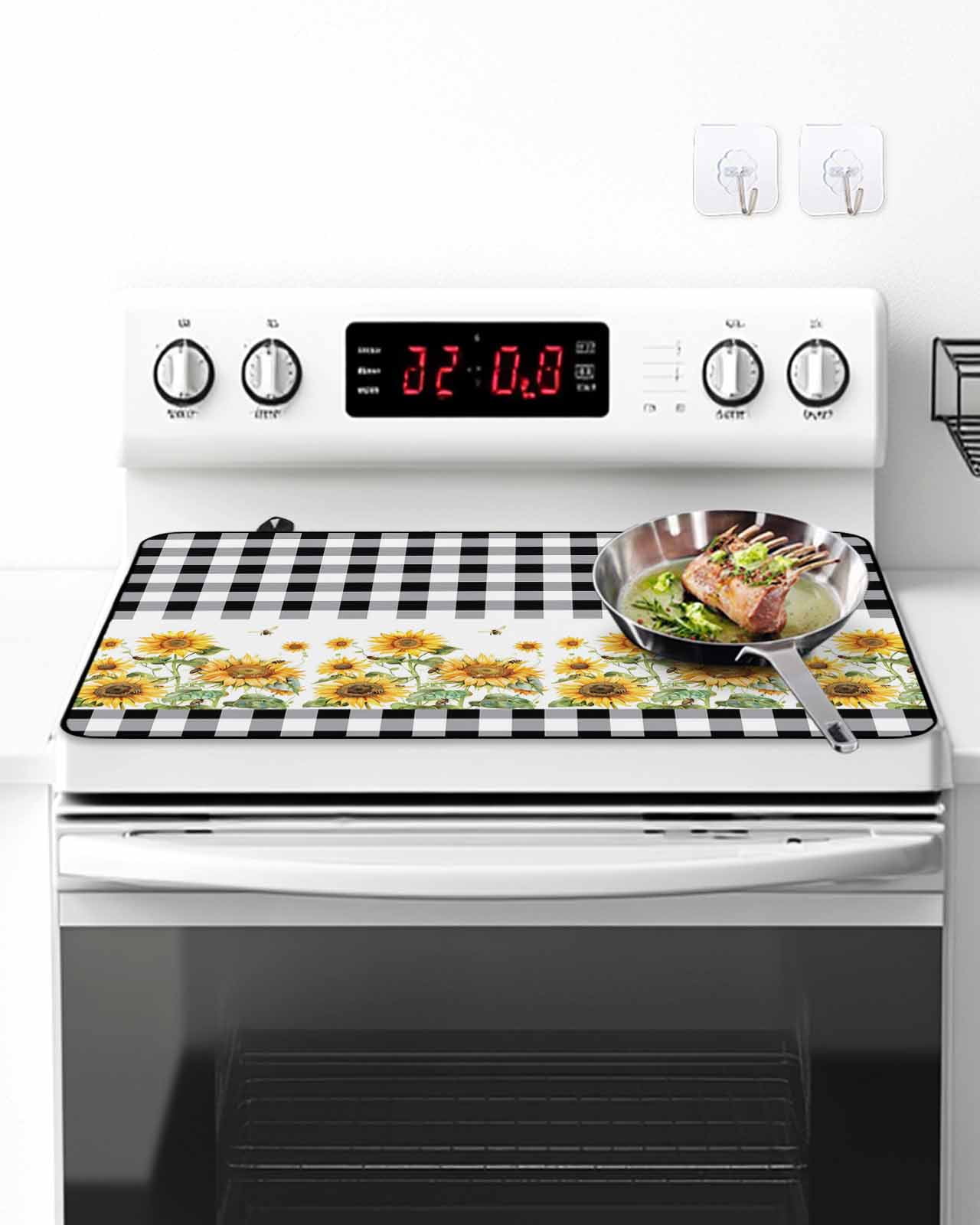 Stove Top Covers for Electric Stove, Sunflower Glass Stovetop Cover Protector, Black White Buffalo Plaid Check Country Bee Induction Cooktop Protector Oven Mat for Kitchen Countertop 24"x21"