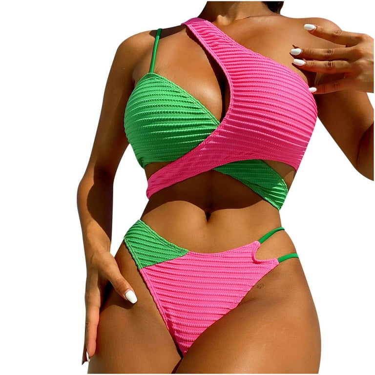 Herrnalise Womens Swimsuits Two Piece One Shoulder Sexy Color Bandeau  Blocking Bikini with Bra Pad Without Steel Support Purple 