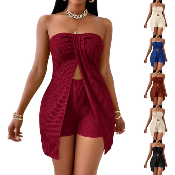 Laqbezok Women's 2-Piece Summer Set, Sexy Strapless Tube Top with Front Slit and High Waisted Shorts Outfit, Textured Pleated Clubwear Beachwear Set