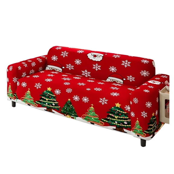 LAMIRO Christmas Stretch Sofa Slipcover Christmas Tree Printed Loveseat Cover Comfortable Furniture Protector Red Green Christmas Couch Cover