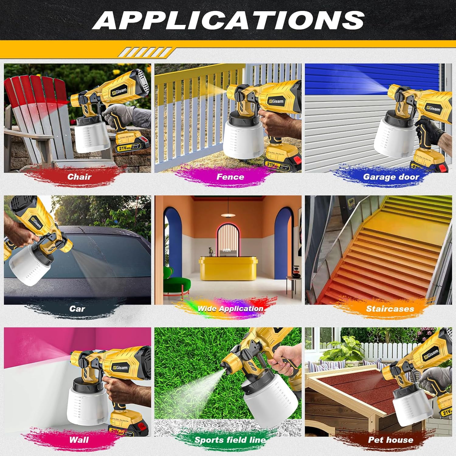 Gisam Brushless Paint Sprayer with 2 Batteries Cordless Spray Gun, Electric HVLP Painting Tool for Furniture Cabinets Fence House Painting
