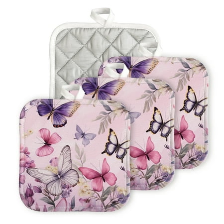 

BaHomeck Pot Holders 4pcs dacron Made Square heat-resisting mat Machine Washable for Kitchen Oven Hot Pads 6.7inch*6.7inch Lavender Butterflies Flying Among Flowers