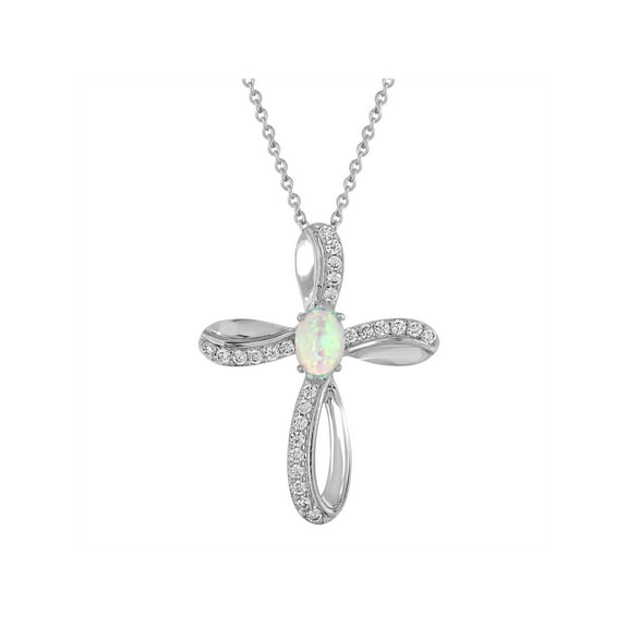 Sterling Silver-Plated Simulated Opal with CZ Accents Cross Pendant, 18