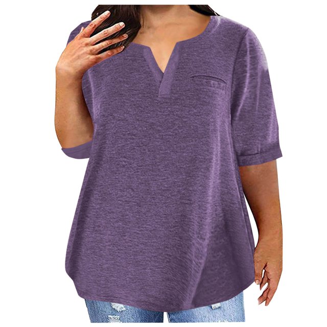 Soki Plus Size Short Sleeve Tee for Women Summer V-neck Solid Color Half Sleeves Oversized T-shirt Tops L-5XL