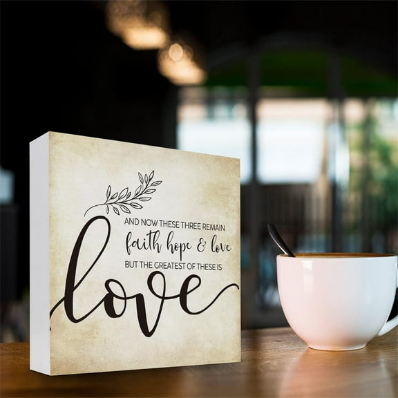 Wooden Box Sign - "Faith Hope & Love but the Greatest of These is Love" - 5" Inspirational Farmhouse Desk Decor for Home, Office, or Shelf, Perfect for Holidays & Classroom Decor Item