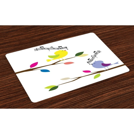 Birds Placemats Set of 4 Cute Colorful Birds Singing on Tree Best Happiness Mascots Artsy Humor Illustration, Washable Fabric Place Mats for Dining Room Kitchen Table Decor,Multicolor, by