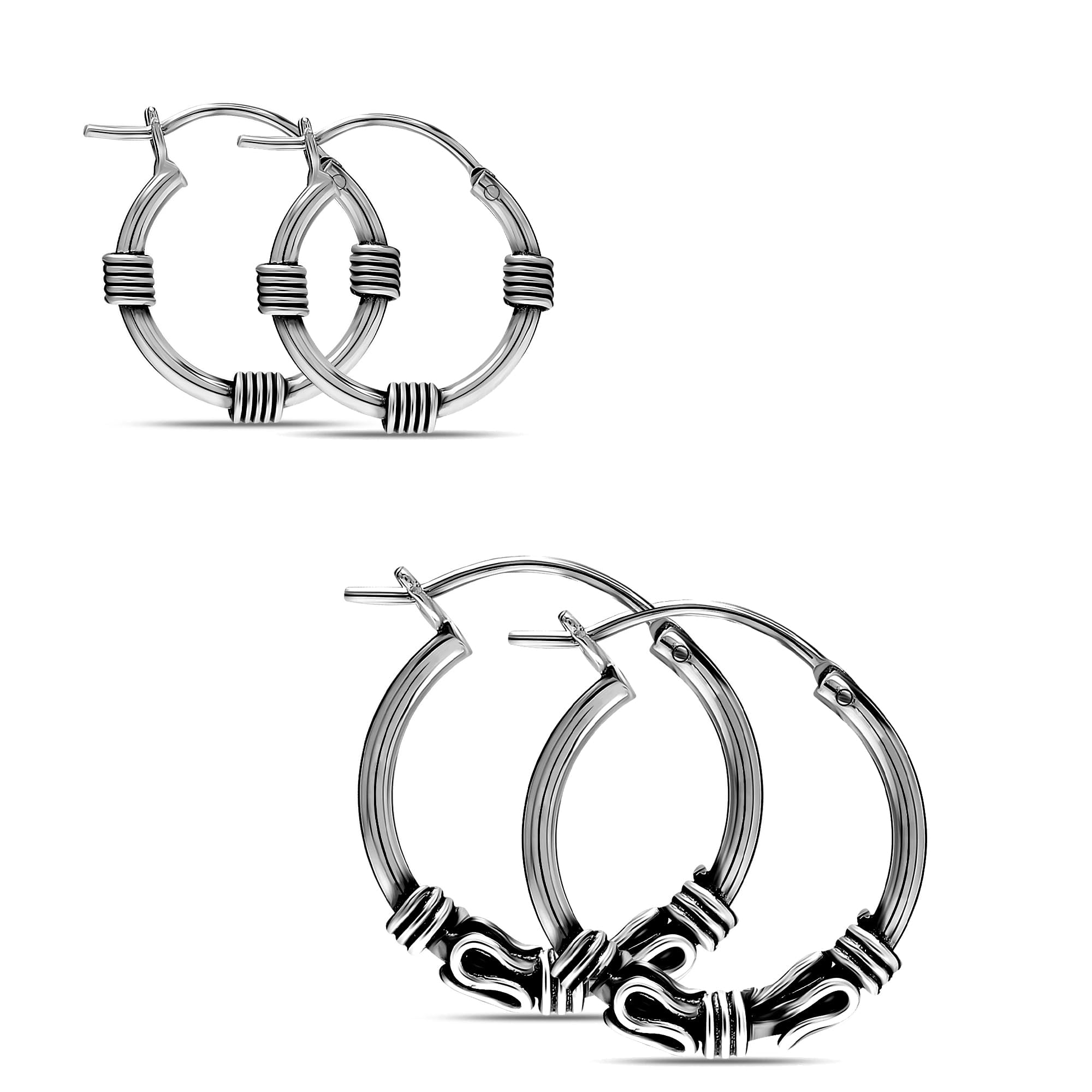 LeCalla Hypoallergenic Balinese Antique Sterling Silver Hoop Earrings, Small Set of 2 Pairs (14mm, 16mm)