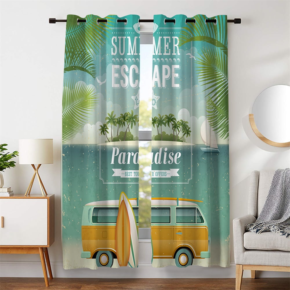 106W X 96L Room Decor Window Curtains Summer Yellow Bus Surfboard Coconut Tree Turquoise Blackout Living Room Bedroom Drapes 2 Panels Set With Grommets Block Out Light Cold 53 X 96 Inches