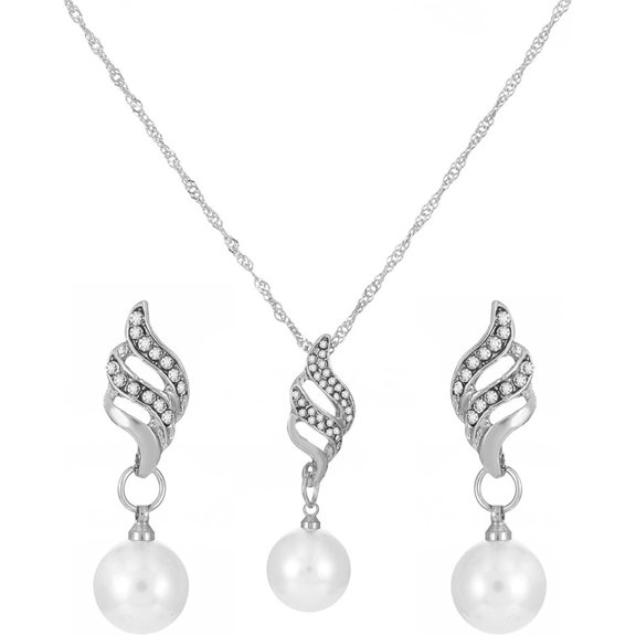 Charm Pearl Wedding Earring Necklaces Set for Women Elegant Vintage CZ Freshwater Pearl Jewelry Set Round White Pearl Costume Jewelry Accessories for Brides Bridesmaids, Birthday Gift