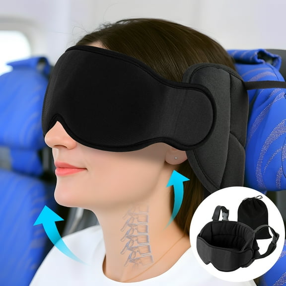 DONAMA Travel Pillow for Airplane, Neck Pillow with 3D Eye Mask & Head Support Strap - 360° Ergonomic Support for Airplanes, Flights, Car Travel -Stop Shaking Your Head ,Black