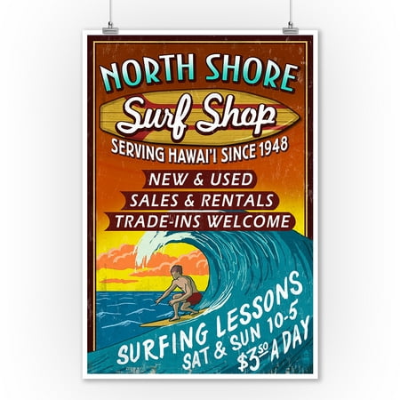 North Shore, Hawai'i - Surf Shop Vintage Sign - Lantern Press Artwork (9x12 Art Print, Wall Decor Travel