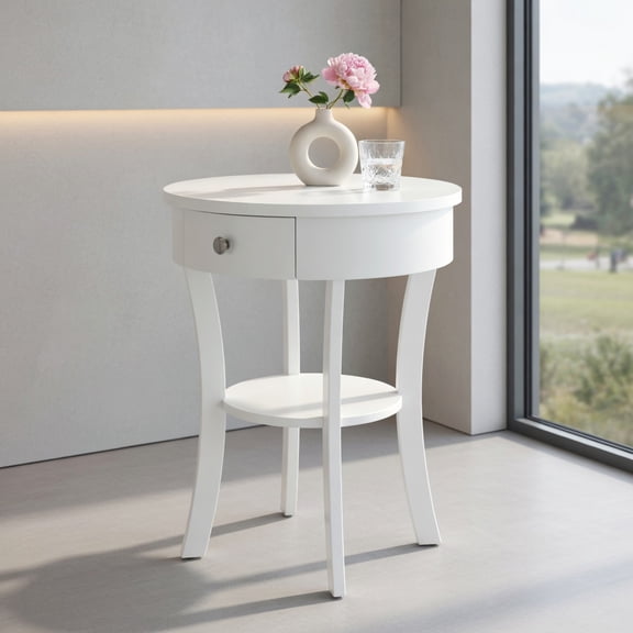 Resenkos 2-Tier Wood Round End Table with Open Drawer-White, Nightstand Small Side Table, End Table for Bedroom Living Room