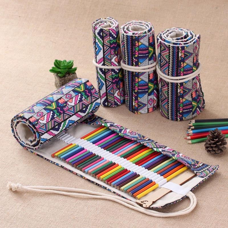 Colored Canvas Roll Up Pencil Case Wrap Pen Holder Bag Storage Pouch 12-72 Holes 