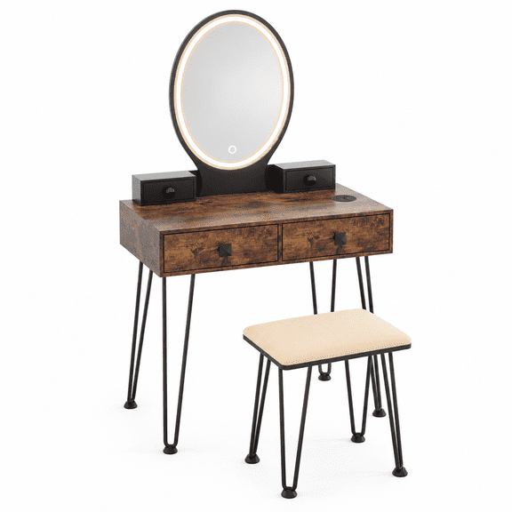 Furnibear Vanity Desk Set with 3-Color Lighted Dimmable Mirror, Makeup Vanity Table with 4 Drawers and Cushioned Stool, Brown