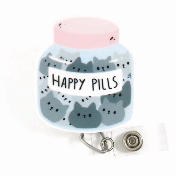 Happy Pills Cats Badge Reel – Funny ID Holder for Nurses, Pharmacy Techs, Mental Health Staff