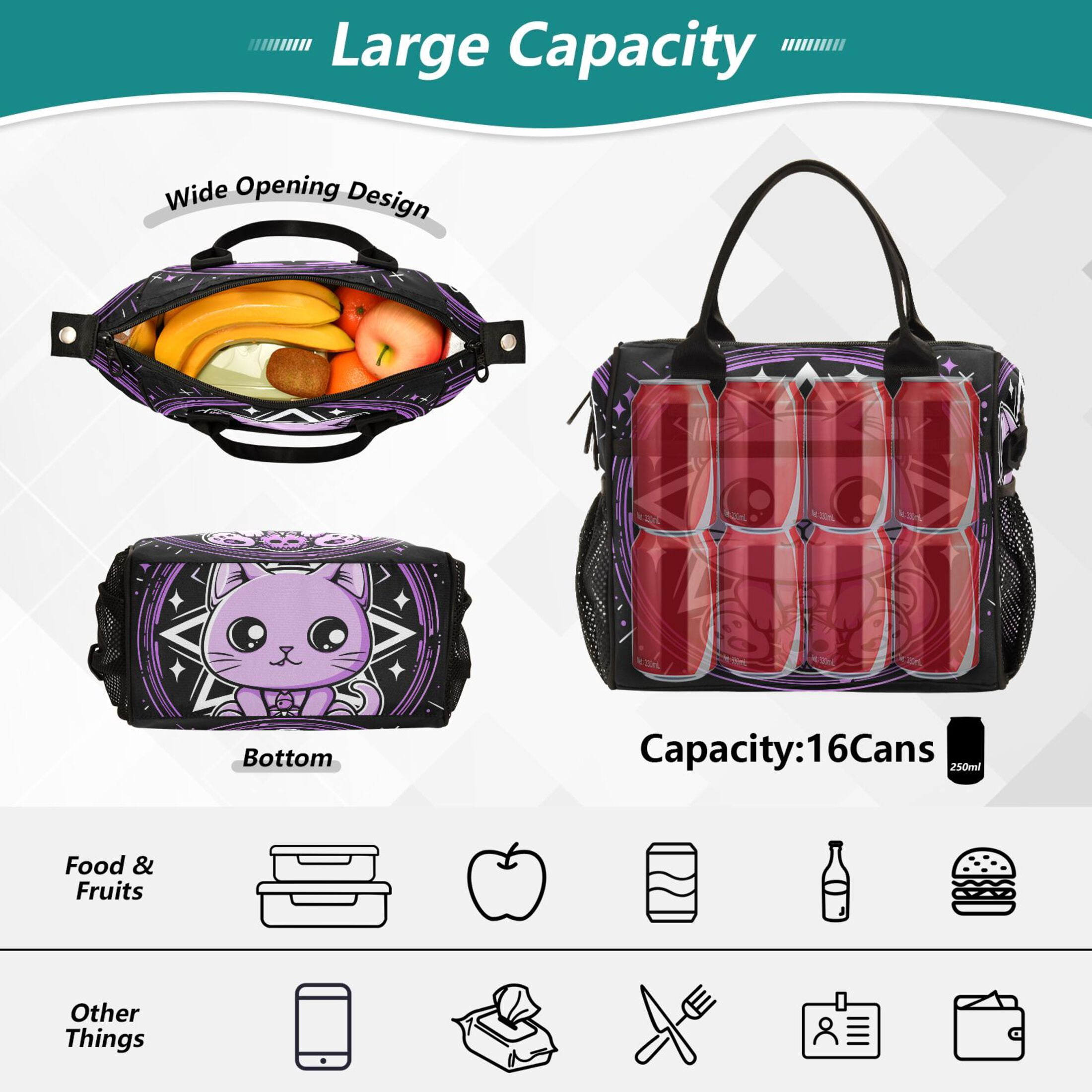 Lunch Bag Insulated Lunch Box Leakproof Reusable Cooler Tote Adjustable Shoulder Strap for Men Women Cute Cat with Skull 12L