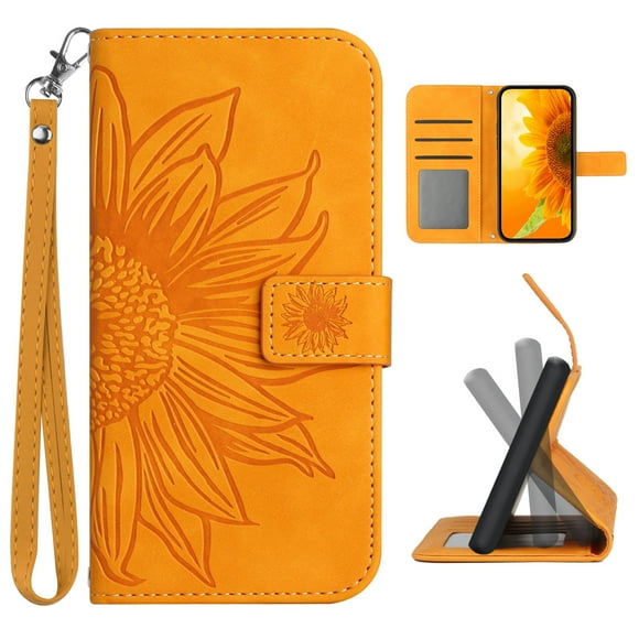 Étui Portefeuille à Rabat pour Téléphone Motorola Moto g 5G 2024, Étui Mince en Cuir PU de Qualité Supérieure Gaufré Tournesol Antichoc avec Dragonne et Lanière pour Motorola Moto g 5G 2024, Jaune
