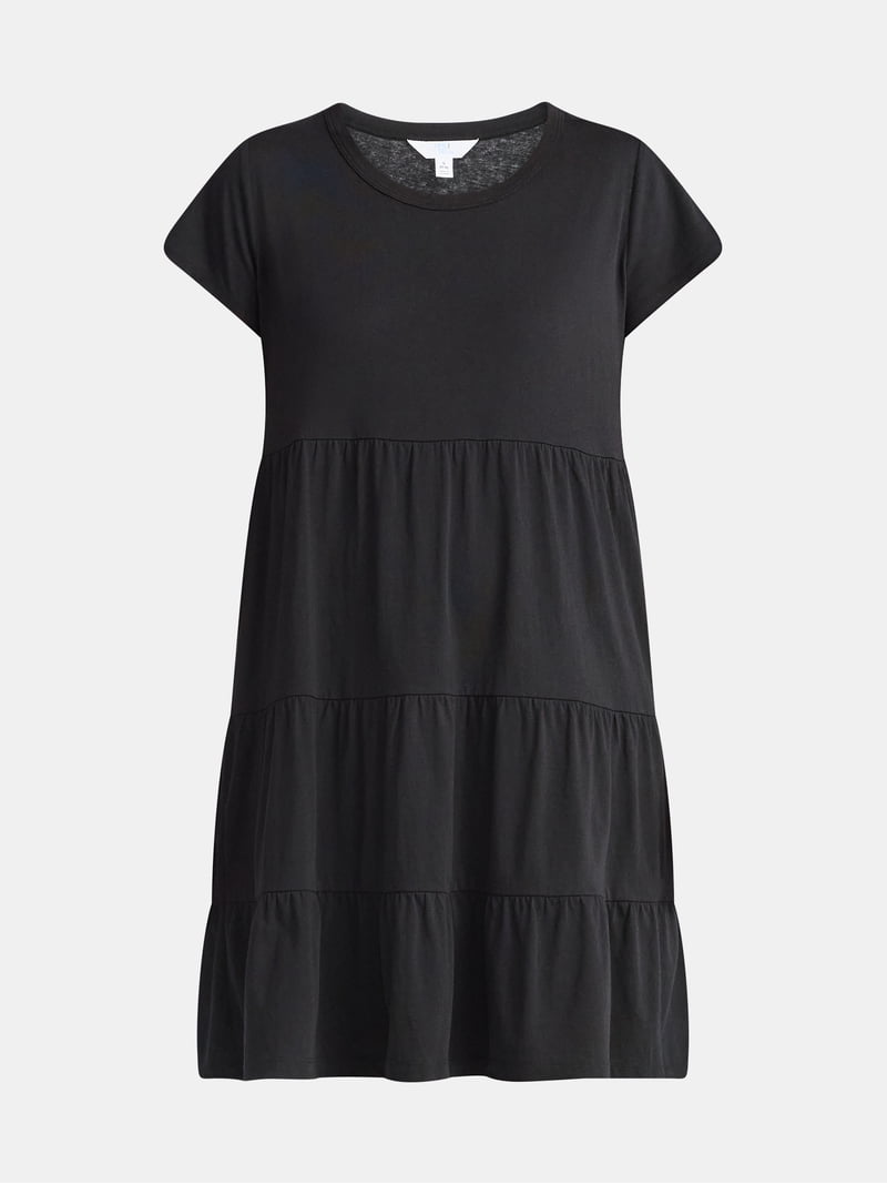 time and tru women's tiered knit dress Cotton with Short Sleeves, Sizes Xs-xxxl, Size: Small, Black Venezia jersey