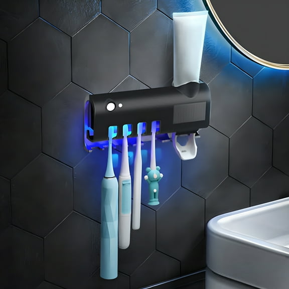 HIBIBUD Toothbrush Sanitizer Holders with UV Rays Sterilization Rechargeable Solar-Power Automatic Toothpaste Dispenser Wall Mount Toothbrush Organizer