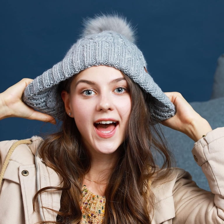 Women’s Grey Winter Fleece-Lined Chunky Knit Beanie Snow Hat Cap s-l400.jpg main image 2