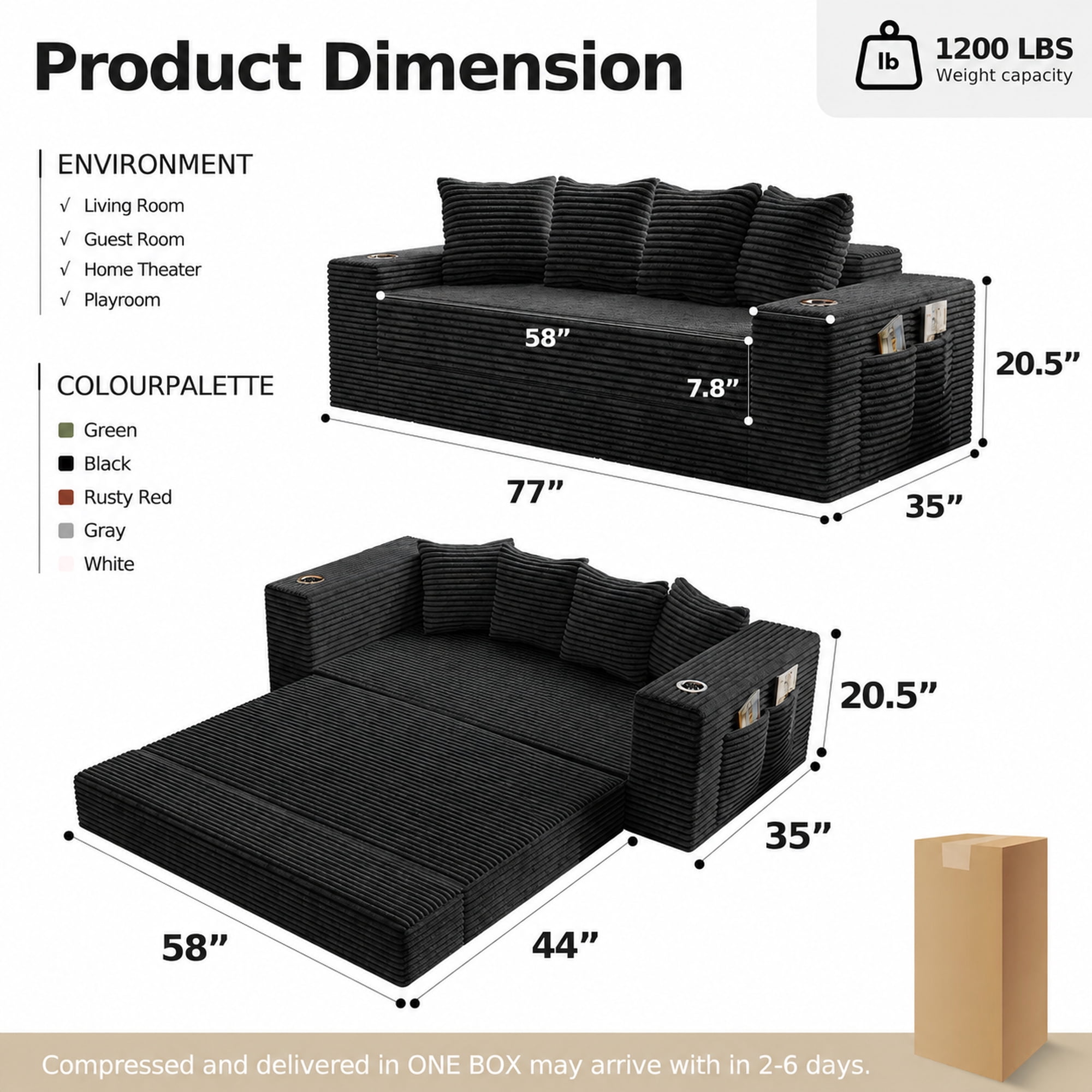 Leumius 2-in-1 Convertible Sofa Bed,Boneless Corduroy Modular Sleeper Couch with Cup Holders & Side Storage Pockets,Oversized Deep Seat Sofa for Living Room, Apartment, Guest Room,Black