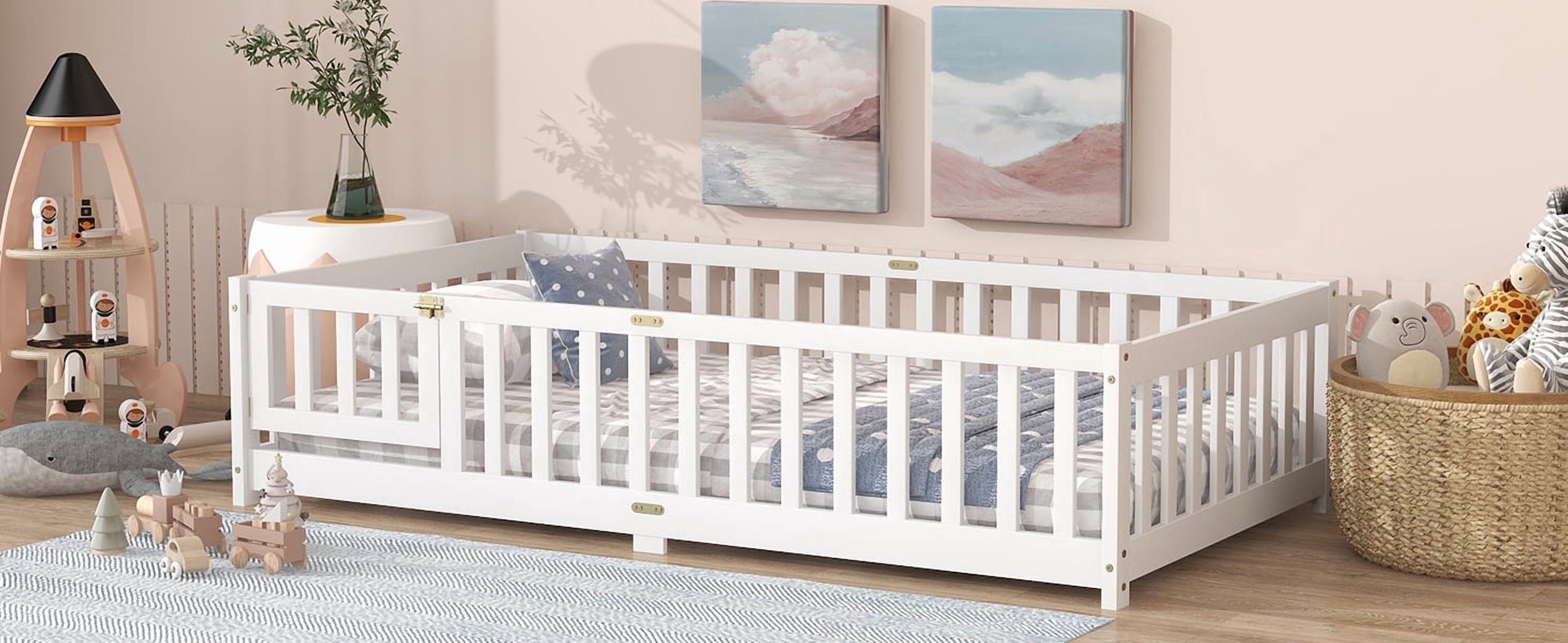 Twin Size Floor Bed with Fence and Door,Rubber Wood Floor Bed with Safety Guardrails,White