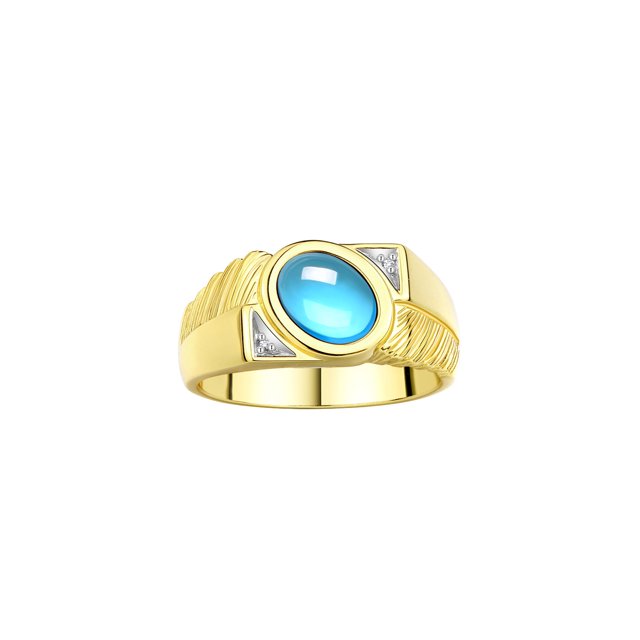 RYLOS Men's Rings 14K Yellow Gold Cabochone Gemstone & Diamond Designer Blue Topaz Rings For Men Size 10