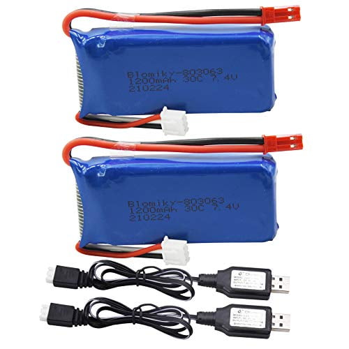 Blomiky 2 Pack 7.4V 1200mAH Lipo Battery Pack with JST Plug and Charger for UDIRC UD1601 UD1602 Pro Fisca Cheewing 1/16 Scale 20MPH 30KM/H RC Truck X6 Battery and USB 2