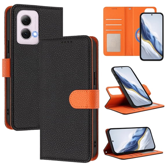 2 In 1 Wallet Case for Motorola Moto G Power 5G 2024, Lychee Texture PU Leather Wallet Case with ID Credit Card Holder Slots Folio Flip Kickstand Detachable Magnetic Phone Cover & Wrist Strap, Black
