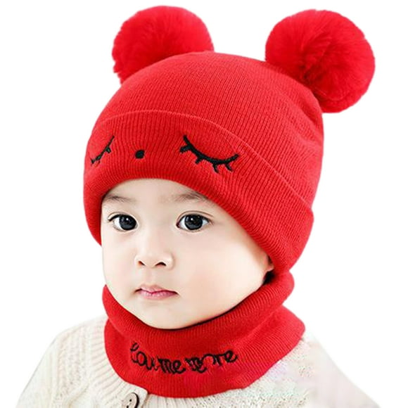 Opolski 1 Set Baby Beanie Hat Scarf Solid Color Knitted Boys Girls Windproof Fluffy Pompom Children Cap Set for Outdoor
