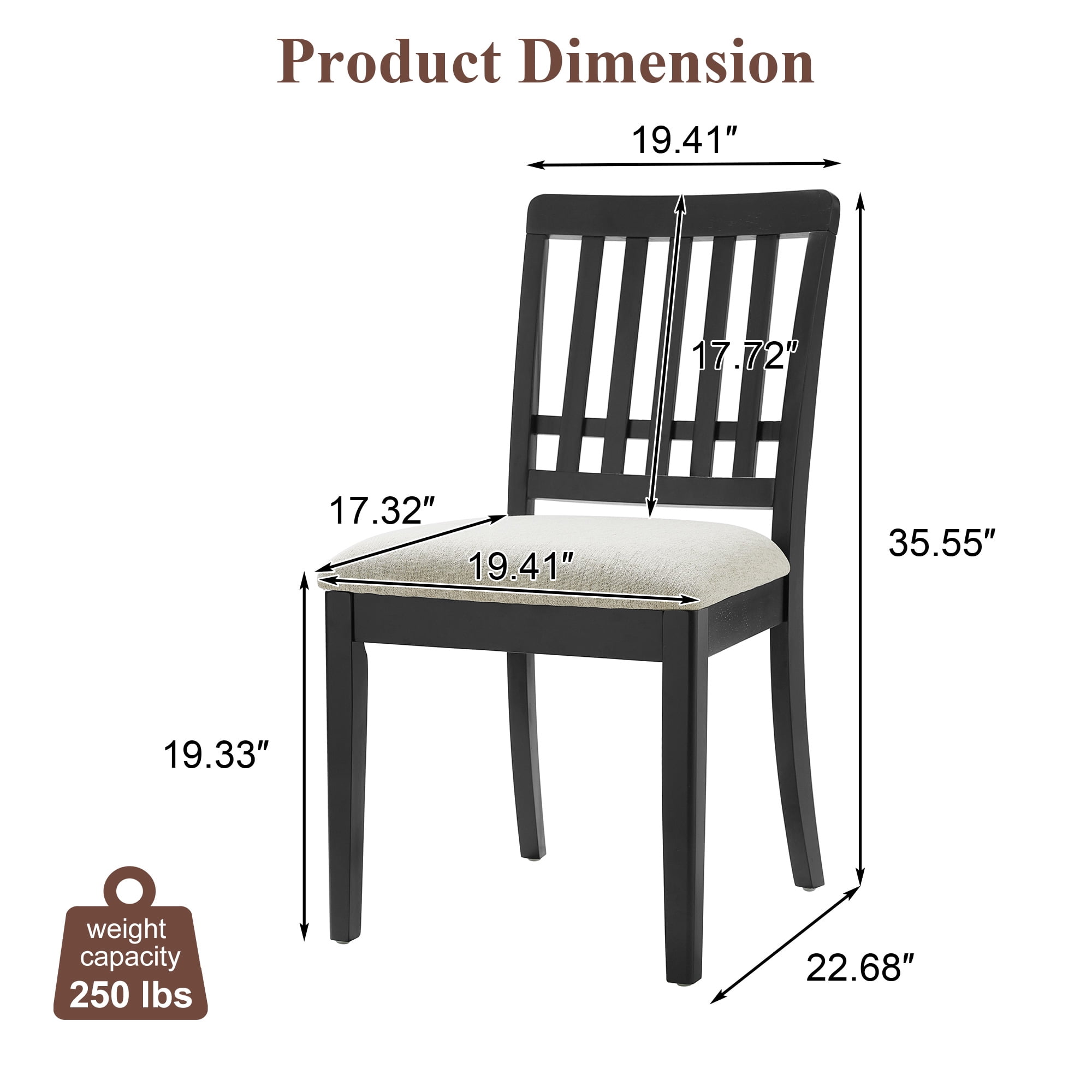 2-Piece Modern Scandinavian Dining Chairs, Curved Wood Backrest with Gray Fabric Seat, Finish for Dining Room and Apartment, Black
