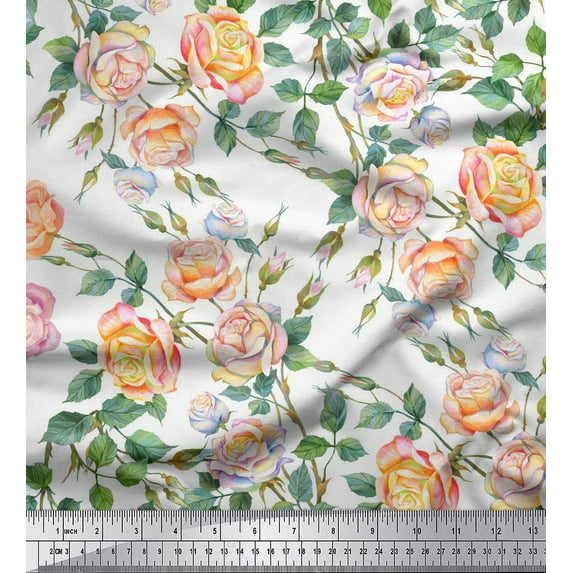 Soimoi Cotton Duck Fabric Leaves & Rose Flower Printed Fabric 1 Yard 56 Inch Wide